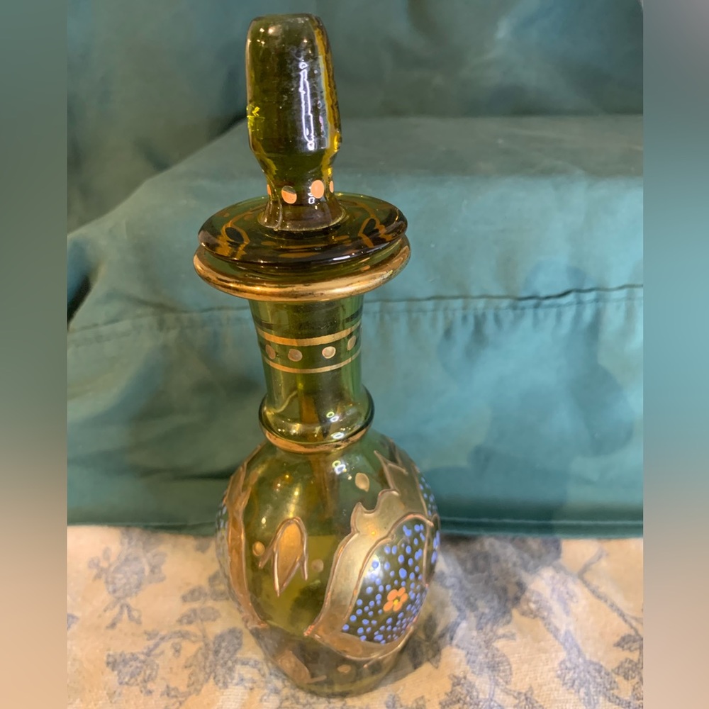 VTG Handpainted Bohemian Amber Glass Bottle with Stopper - Picture 5 of 13